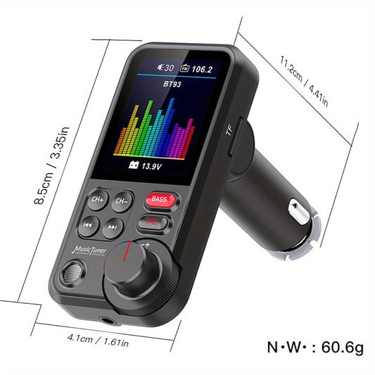 Car FM Transmitter with 1.8-Inch Color Screen, Rotary Control, AUX Port and Four Audio Sources