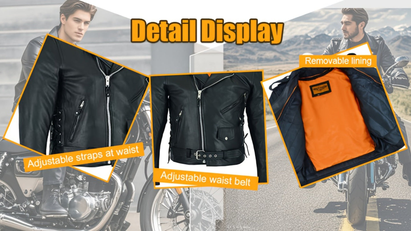 Motorcycle Leather Jacket Men – Heavy Duty Cowhide, Classic Black, Multiple Pockets, Adjustable Laces, Sizes S–XXXXL