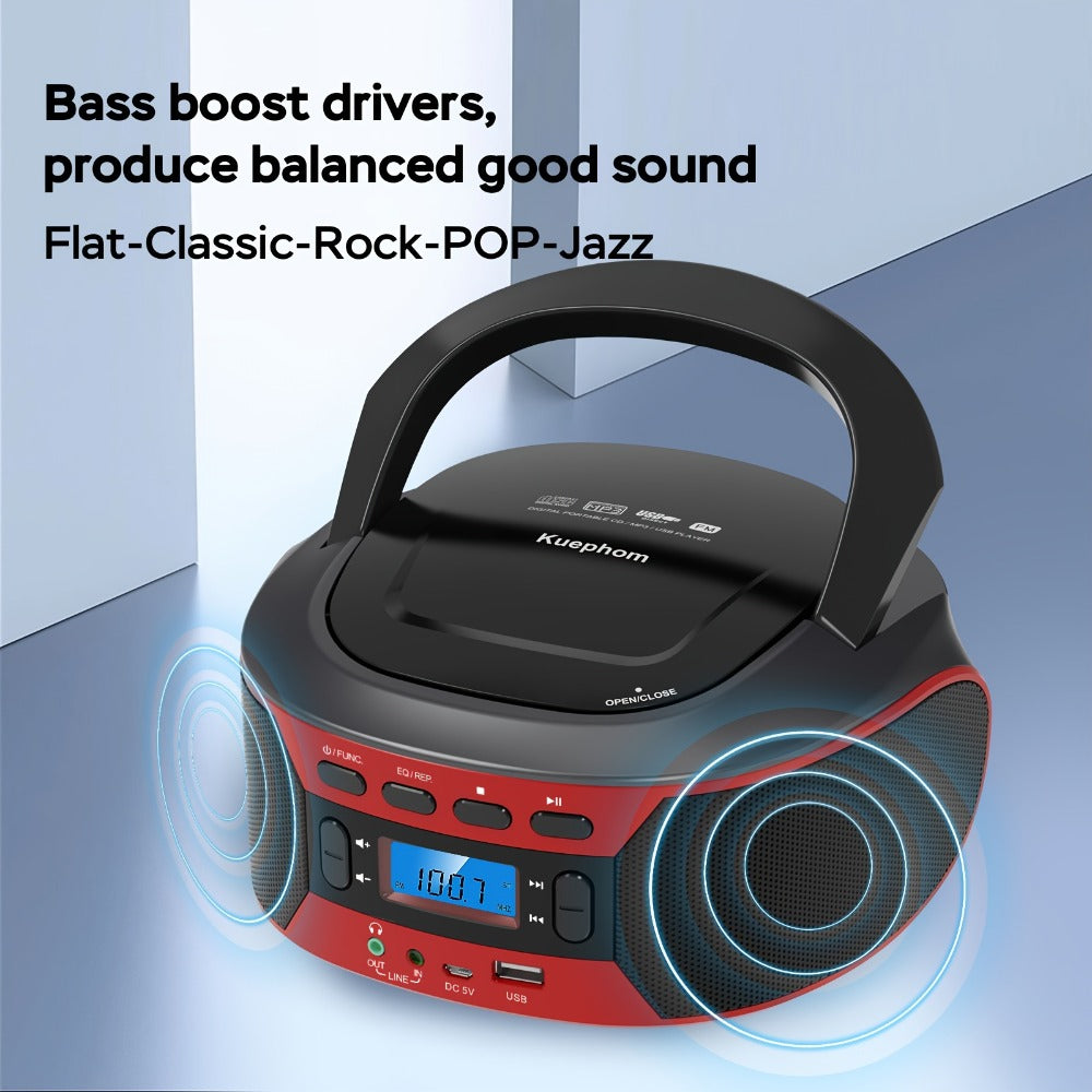 Bluetooth CD Player Boombox with FM Radio, Portable CD Boombox with AUX USB Playback, Earphone Jack