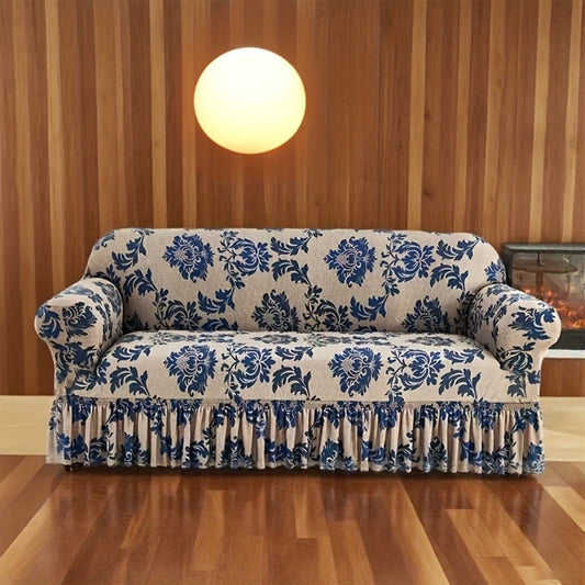 Sofa Cover Dark Blue Printed Skirt Slipcover with High-Elasticity Fiber and Fixing Rods with Model-Specific Size and Color Options