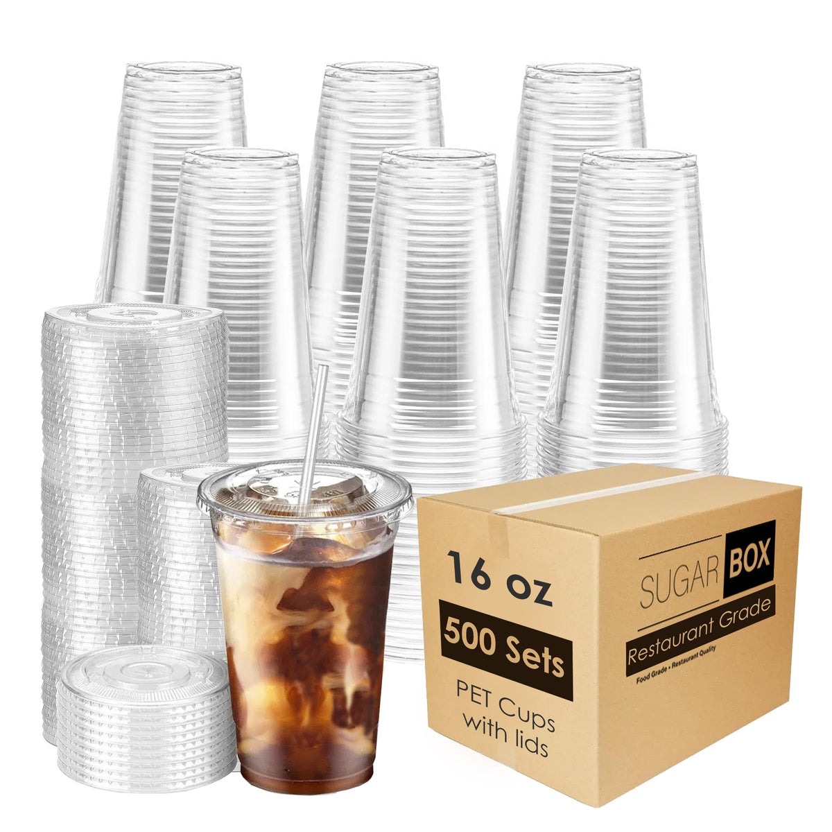 Disposable Clear Plastic Cups with Flat Lids, 16oz & 24oz PET Crystal Cold Drink Cups for Iced Coffee