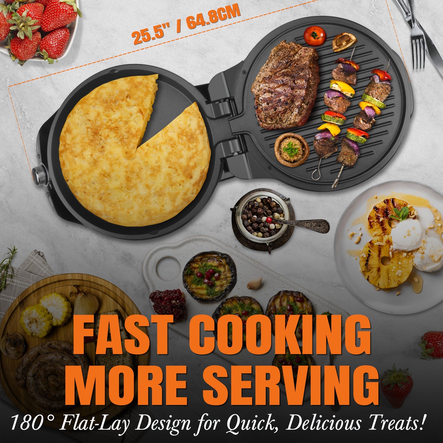 10-Inch Hinged Electric Griddle with Ridged and Smooth Round Plates, 180° Opening and Rotary Dial