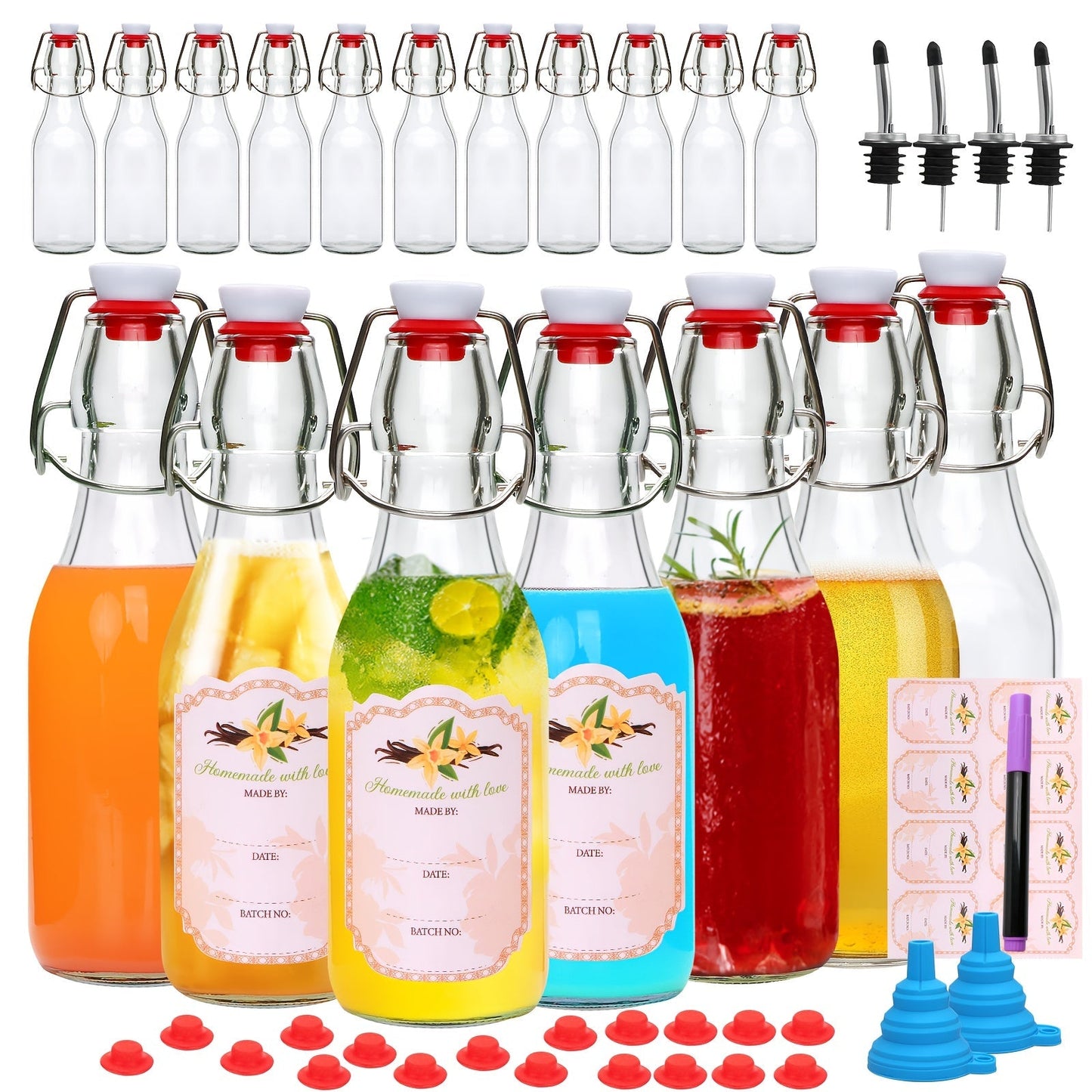 Glass Swing Top Bottles 8.45oz, Round Iron Clasp Airtight Bottle Set with Funnel for Juice, Kombucha