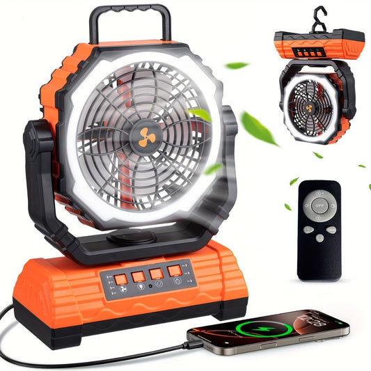 20000mAh-Label Four-Speed Dual-Motor Camping Fan with Remote, Hook and Four Lantern Panels