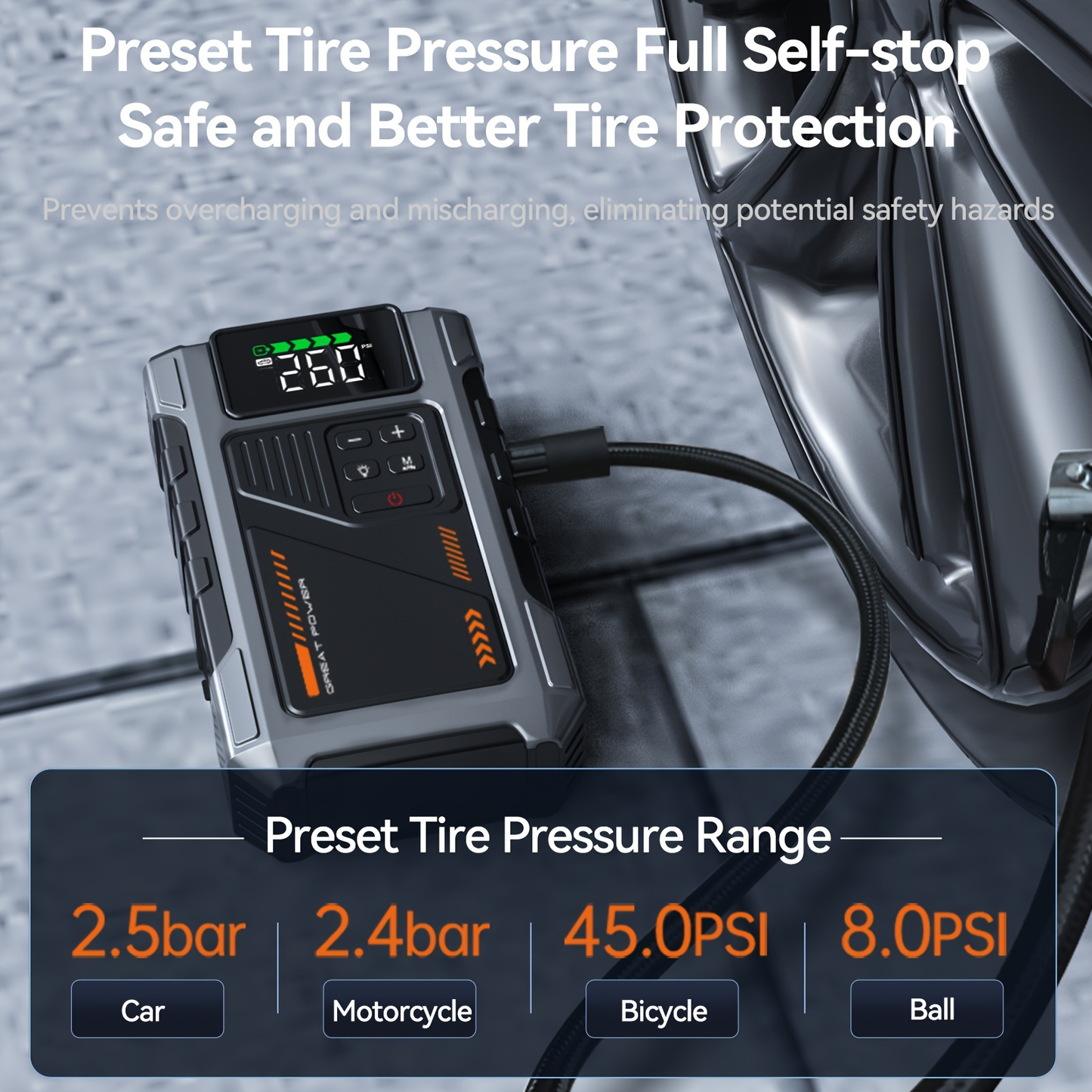 Jump Starter with Air Compressor 5000A Peak 150PSI Tire Inflator 5-in-1 Portable Car Battery Jump Pack for Garden, Patio and Yard Use