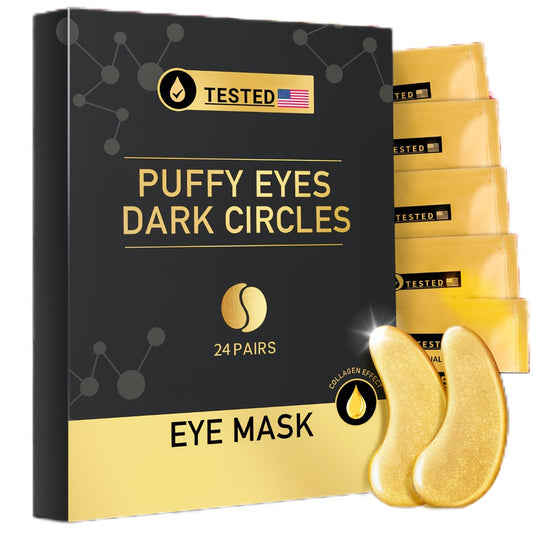 24-Pair Gold-Tone Under-Eye Patch Box with Individual Pouches and Collagen, Glycerin and Hyaluronic Acid Wording