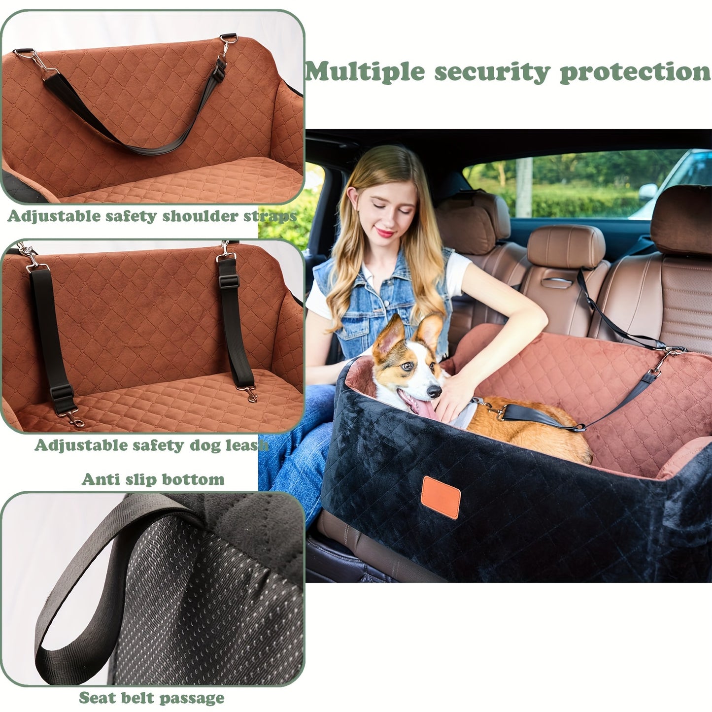 Dog Car Seat Booster with Memory Foam & Non-Slip Bottom – Adjustable Safety Leash & Seatbelt Channel, Soft Plush Pet Car Bed