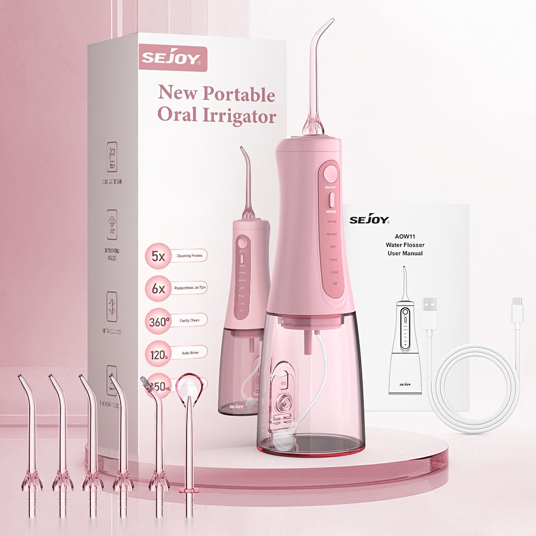 Water Flosser SEJOY AOW11 Cordless Oral Irrigator with 350ml Tank, Five Modes, Six Tips, USB-C Charging and IPX7 Rating