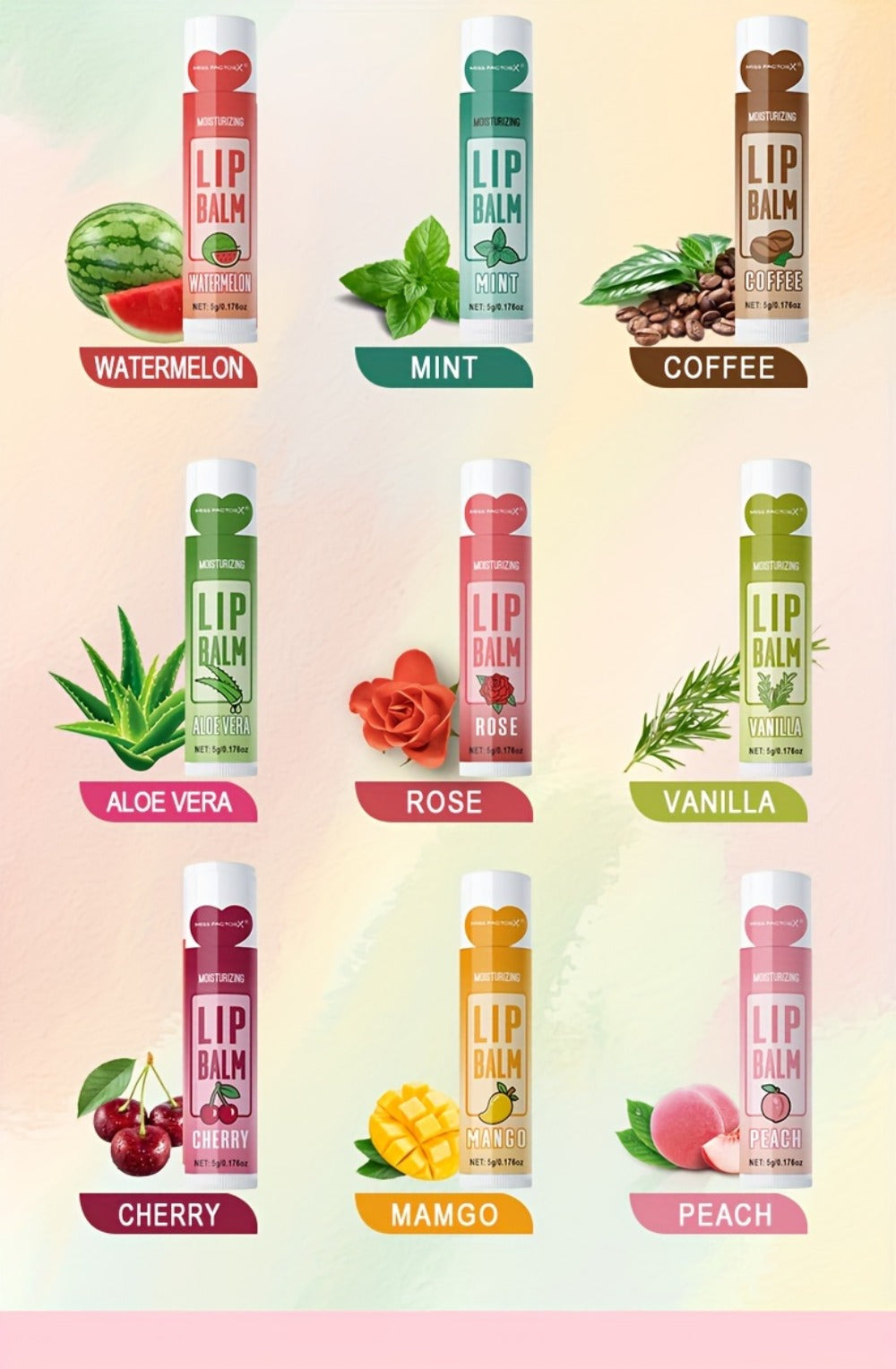 12-Piece Tube Lip Balm Set with 12 Pictured Fruit and Botanical Flavor Labels in a Display Box