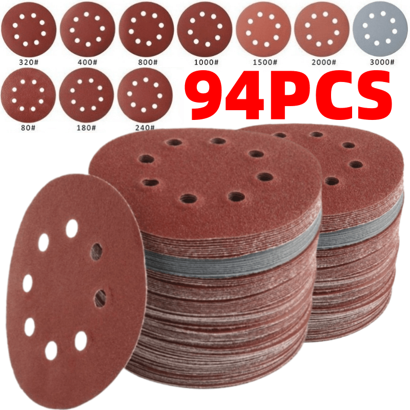 5 Inch Sandpaper 94 Pcs – 8-Hole Hook & Loop Sanding Discs, Assorted Grits 80/180/240/320/400/800/1000/1500/2000/3000