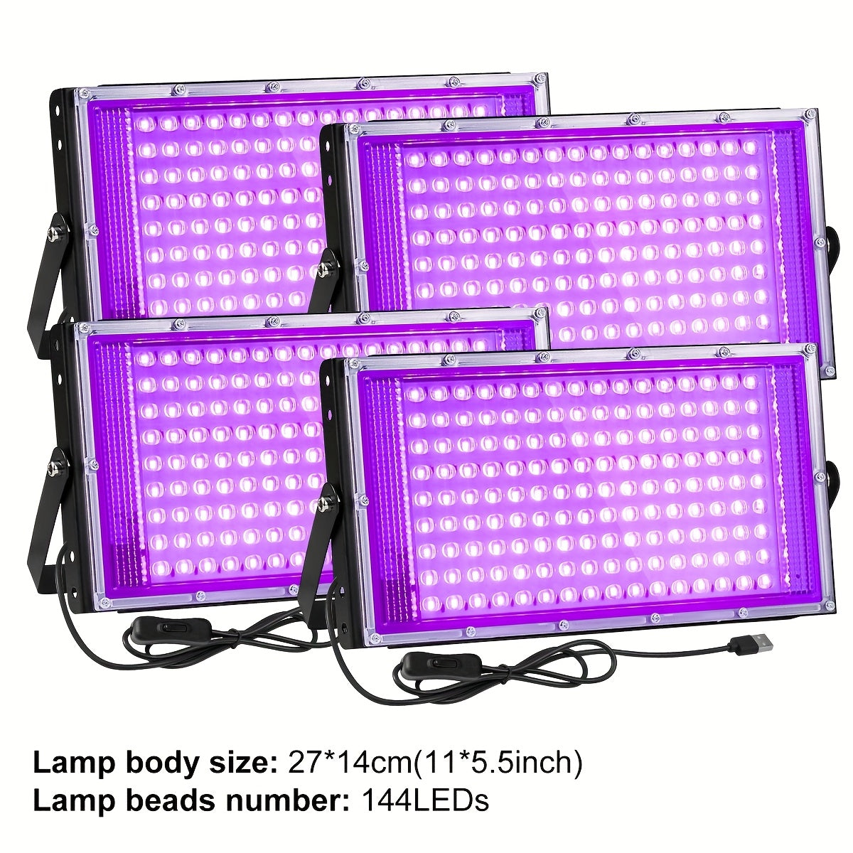 Four-Pack Rectangular UV Black-Light Panels with 144-LED Checkout Label, USB Cables and Adjustable Brackets