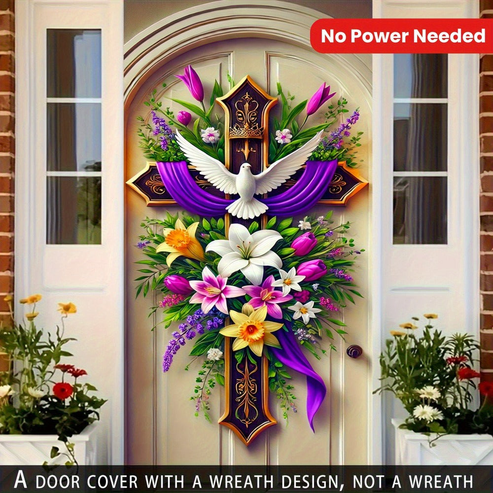 Easter Door Curtain Decoration 35.4x70.8 Inch, Colorful Spring Door Hanging with Dove Floral Cross Pattern