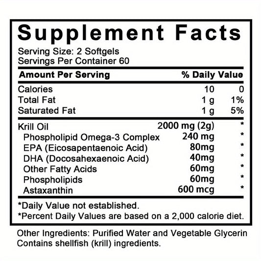 Antarctic Krill Oil 2000mg Per Serving 120 Softgels with Omega-3, EPA & DHA for Brain, Heart, Joint & Eye Health