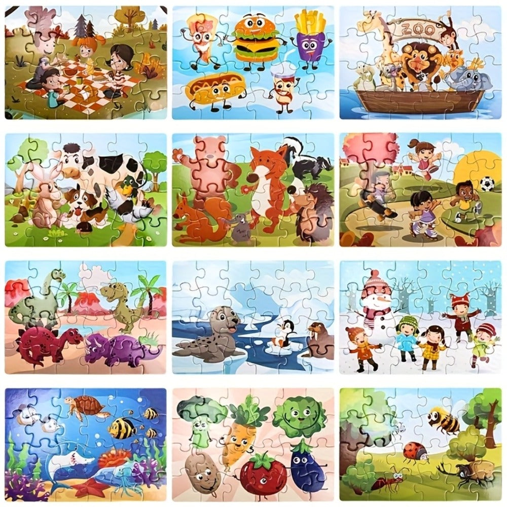 Kids Puzzle Set 12 Pack, Jigsaw Puzzles for Boys & Girls Ages 3+, 12 Different Themes Mixed Colors