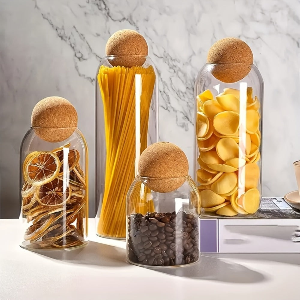 Glass Storage Jars with Cork Lid Set of 3 | 17oz 500ml Airtight Glass Containers with Spherical Cork Stopper | Kitchen Organizer for Tea