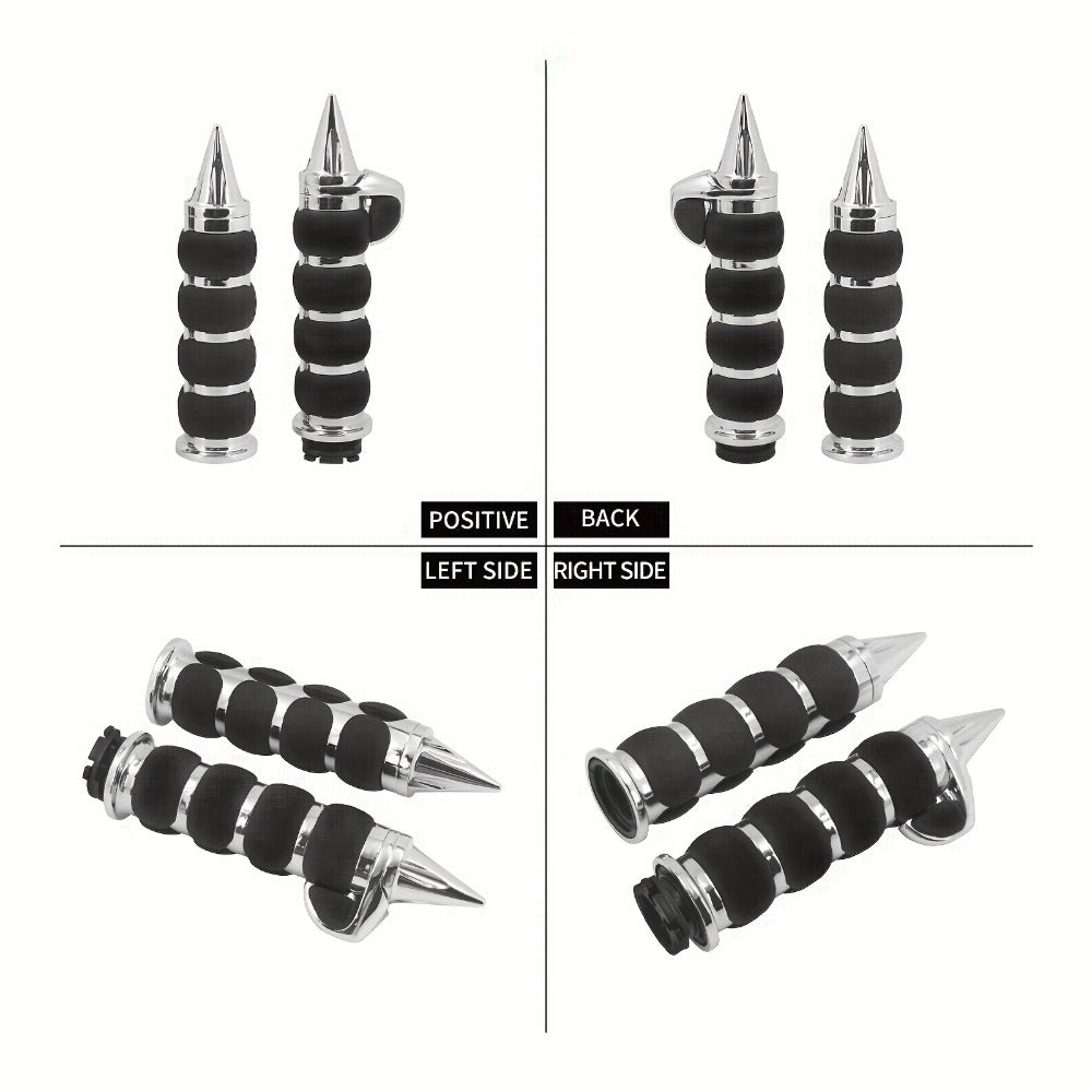 Harley Davidson Handlebar Grips 1-Inch Chrome Rubber Spike Non-Slip, CNC Aluminum & PVC Gel Rubber, Fits Sportster Dyna Touring VRSC XL XR