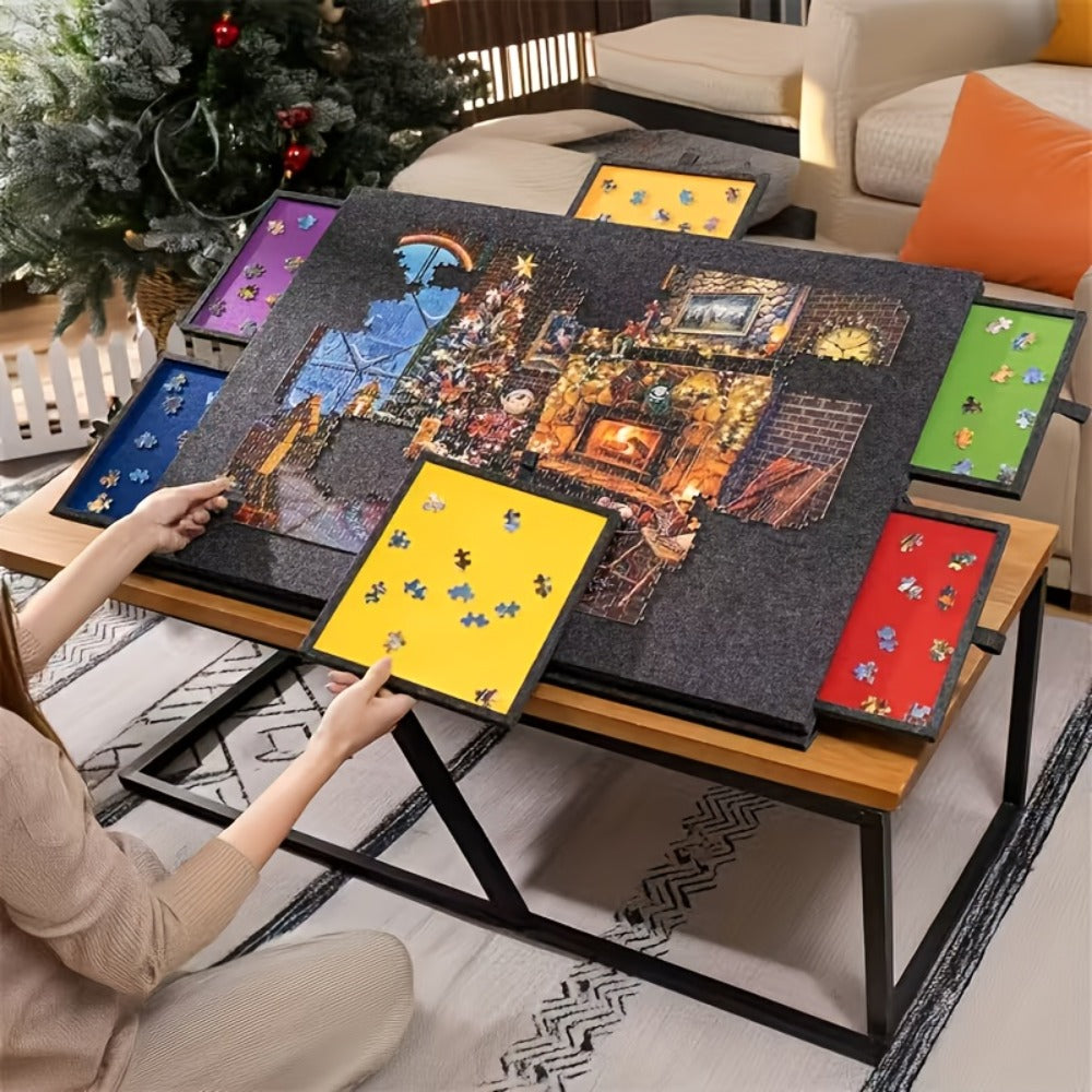 Dark-Gray Tilting Puzzle Board with Six Colored Drawers, Folding Stand and 1000-Piece Label