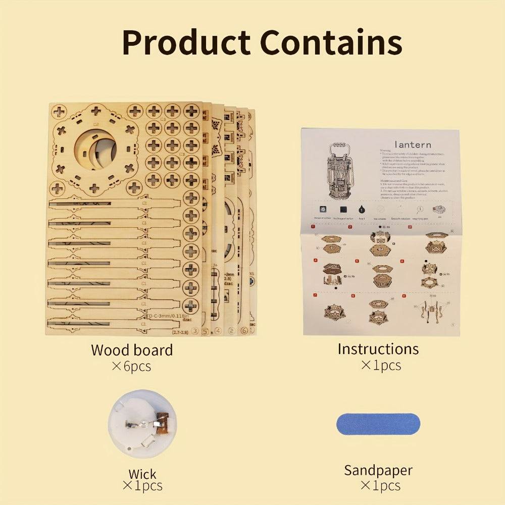 LED Wooden Lantern Model Kit, Rotating Mechanical 3D Wooden Puzzle for Adults & Teens, Glowing Vintage Desk Decor Display