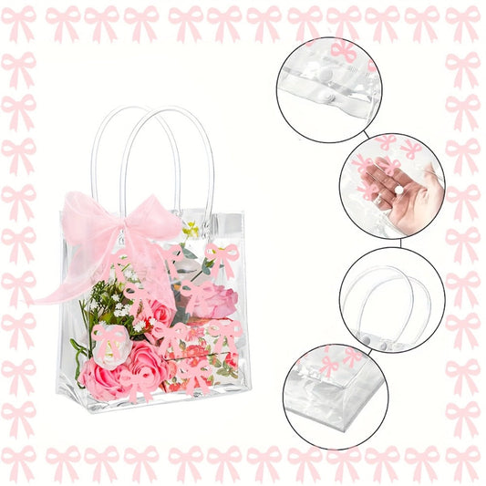 Tote Bags, Gift Bag Set Clear PVC, 24 Transparent with Pink Bow Handles and One 32.8-Foot Ribbon Roll