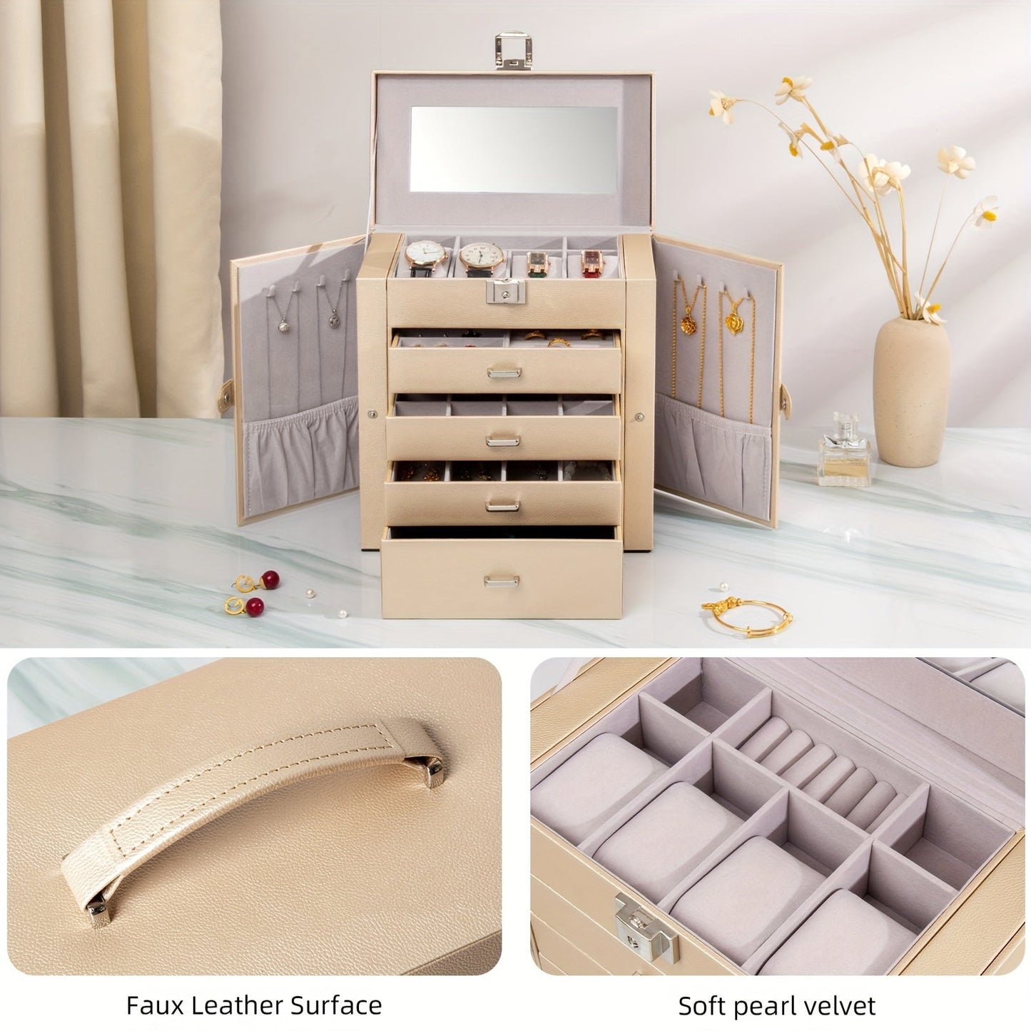 Jewelry Box, Five-Tier PU-Leather Organizer with Built-In Mirror, Key Lock and Three Color Options