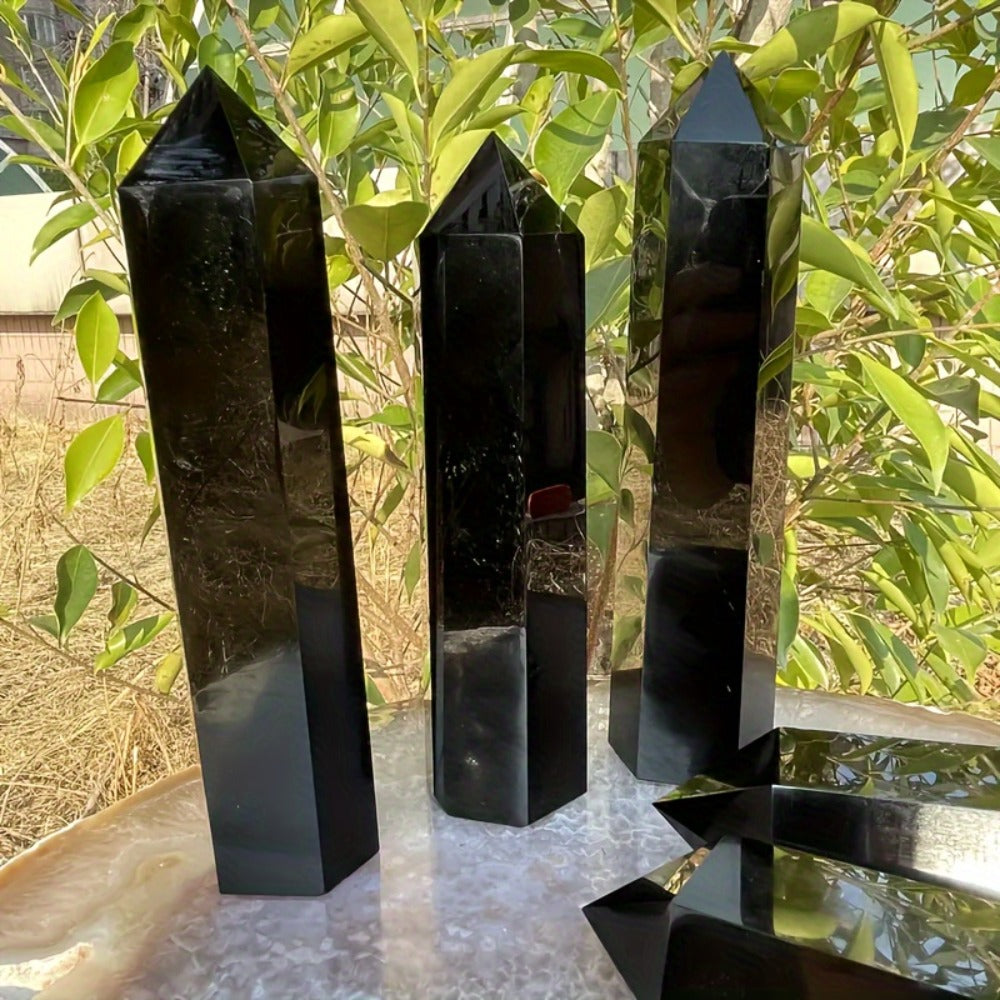 Black Obsidian Crystal Tower Natural Hexagonal Pillar Obelisk Generator for Home Decor Meditation Healing Crystal Feng Shui Office Holiday
