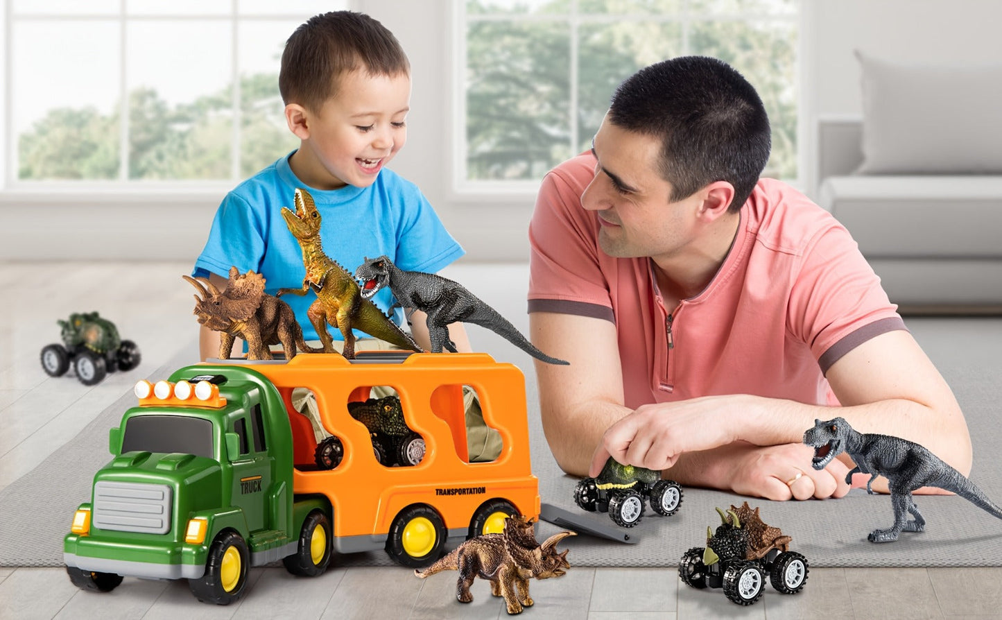 Push-Action Dinosaur Truck Toy 7-in-1 for Kids Ages 3-5 with 3 Dino Figures with the Listed Color, Size or Set Options for Everyday Use
