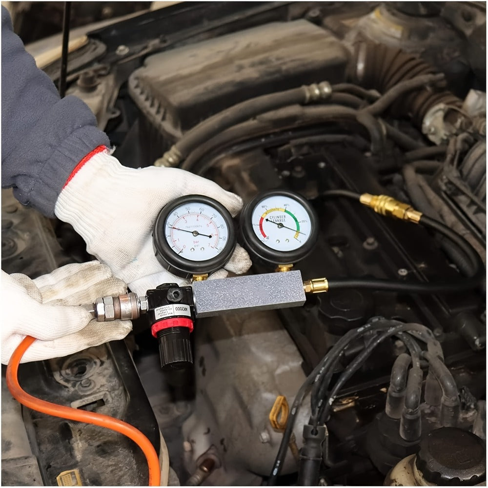 Engine Compression Tester and Cylinder Leak Down Tester Kit TU-21 Dual Gauge Leakdown Detector for Car Motorcycle Truck Gasoline Engine