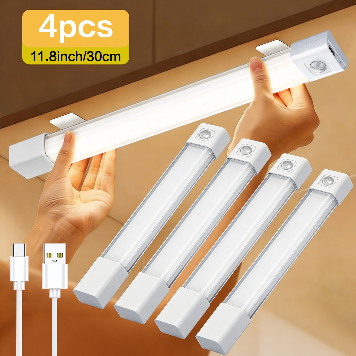 Motion Sensor LED Cabinet Light 4 Pack USB Powered – 3 Color Modes, Wireless Under Cabinet Lighting Bar