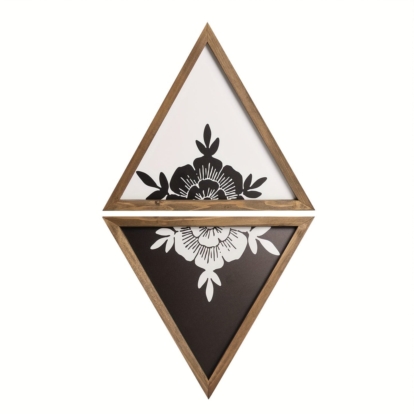 Boho Floral Wall Art Framed, Wooden Botanical Wall Decor with Black & White Geometric Triangles, Vintage Boho Style for Bedroom