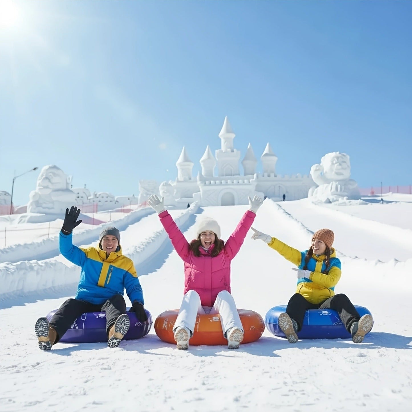 Snow Sled Tubes 3-Pack Foldable Inflatable – Triple-Layer PVC Snow Tubes 36 & 40 Inch, 220 lbs Capacity, 3-Layer Airlock Valve