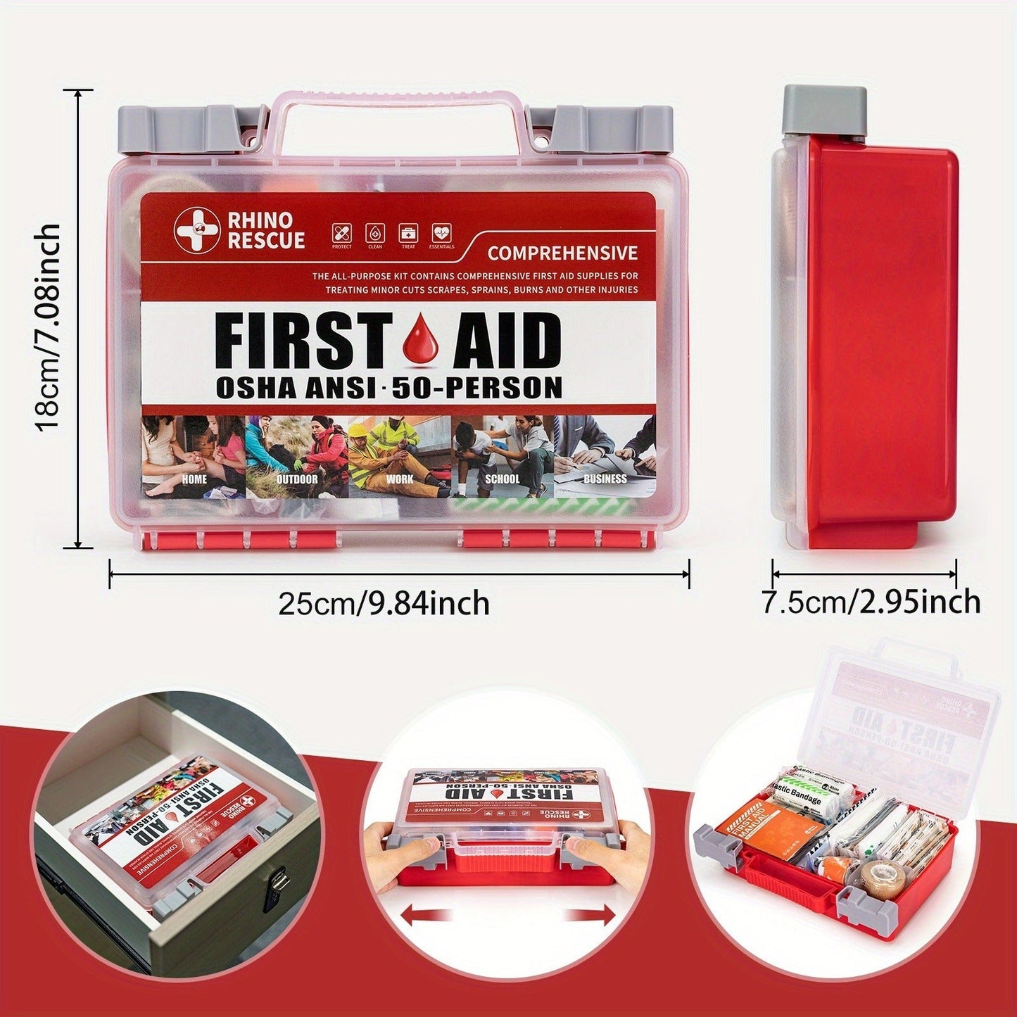 RHINO RESCUE 266-Piece First Aid Kit with Clear Handled Hard Case, Divided Trays and Packed Supplies