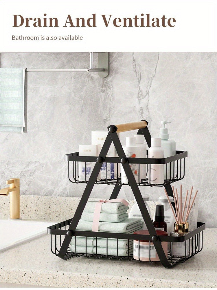 Two-Tier Black Wire Fruit Basket with Wood-Look Carry Handle and 12.2-Inch Countertop Frame