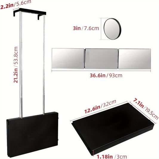 Hair Cutting Mirror 3 Way with LED Light – 360° View Trifold Barber Mirror, Adjustable Height, Door Hang Wall Mount or Tabletop