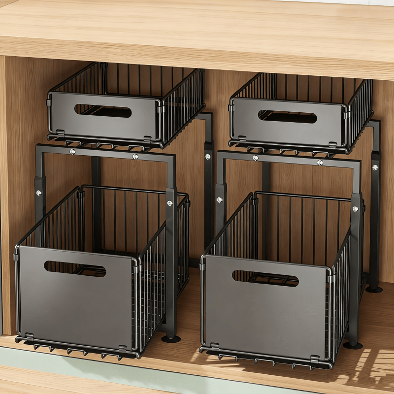 Under Sink Organizer 2-Tier Slide Out Pull Out Drawer Metal Basket Height Adjustable – Under Sink Cabinet Organizer for Kitchen Bathroom