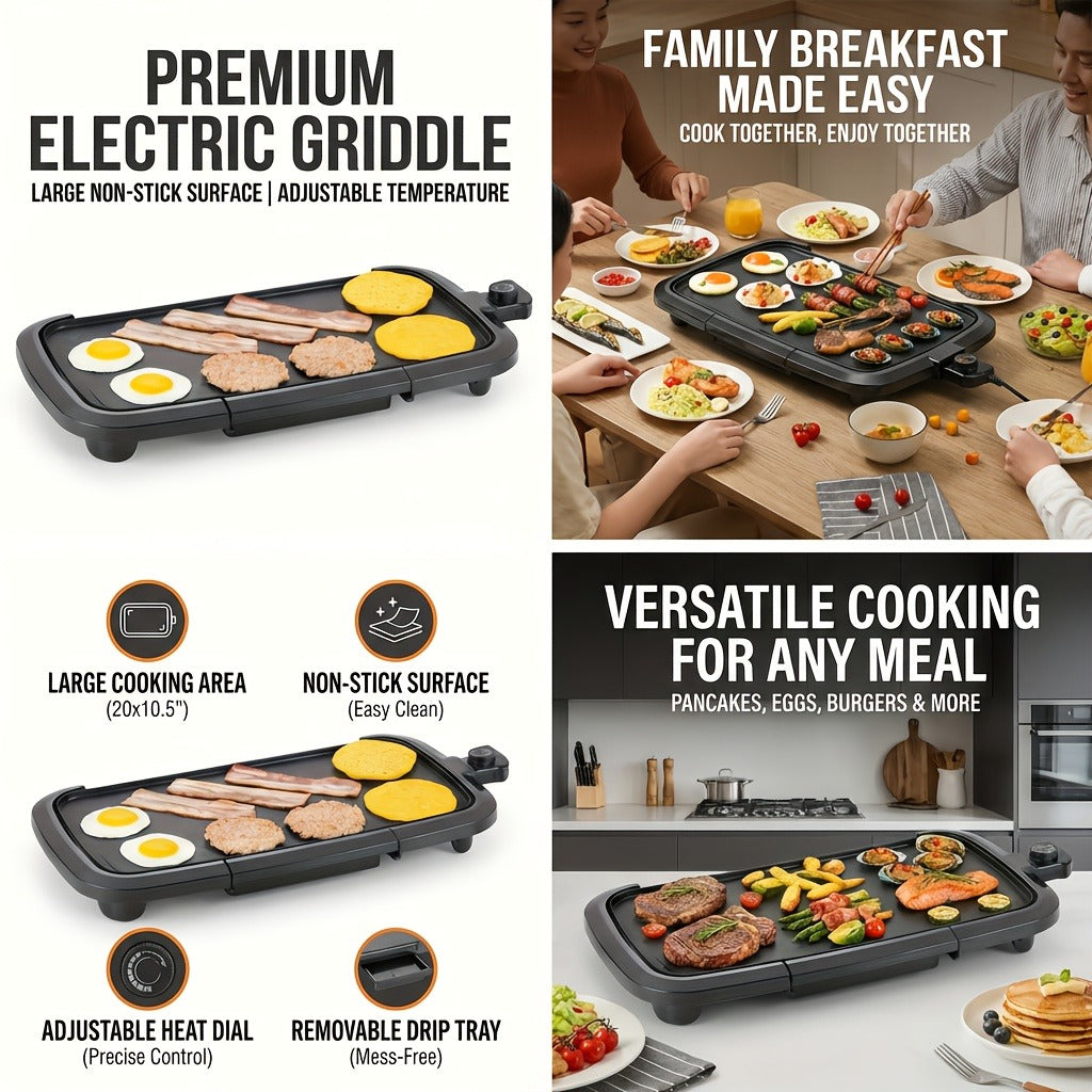 Electric Griddle Non-Stick Teppanyaki Grill Pan, Frying & Grilling All-in-One for Eggs, Steaks, Bacon