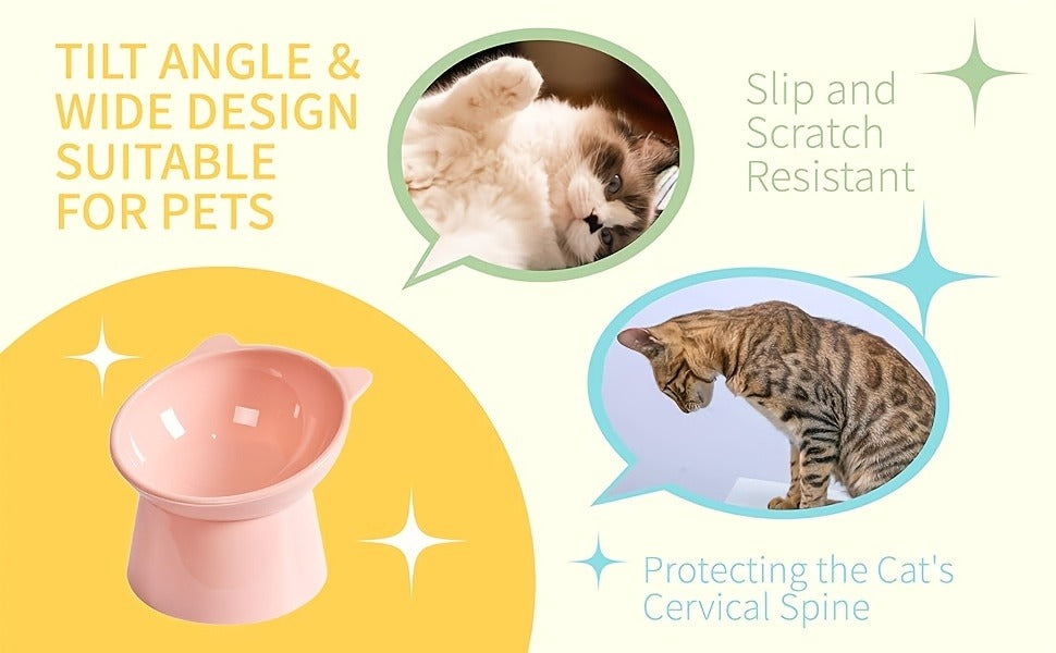 Cat Ear Shaped Raised Cat Bowls Set of 3 – Elevated Feeder Anti-Slip Base Neck Comfort Design, Pink Green Blue Feeding Dish for Cats