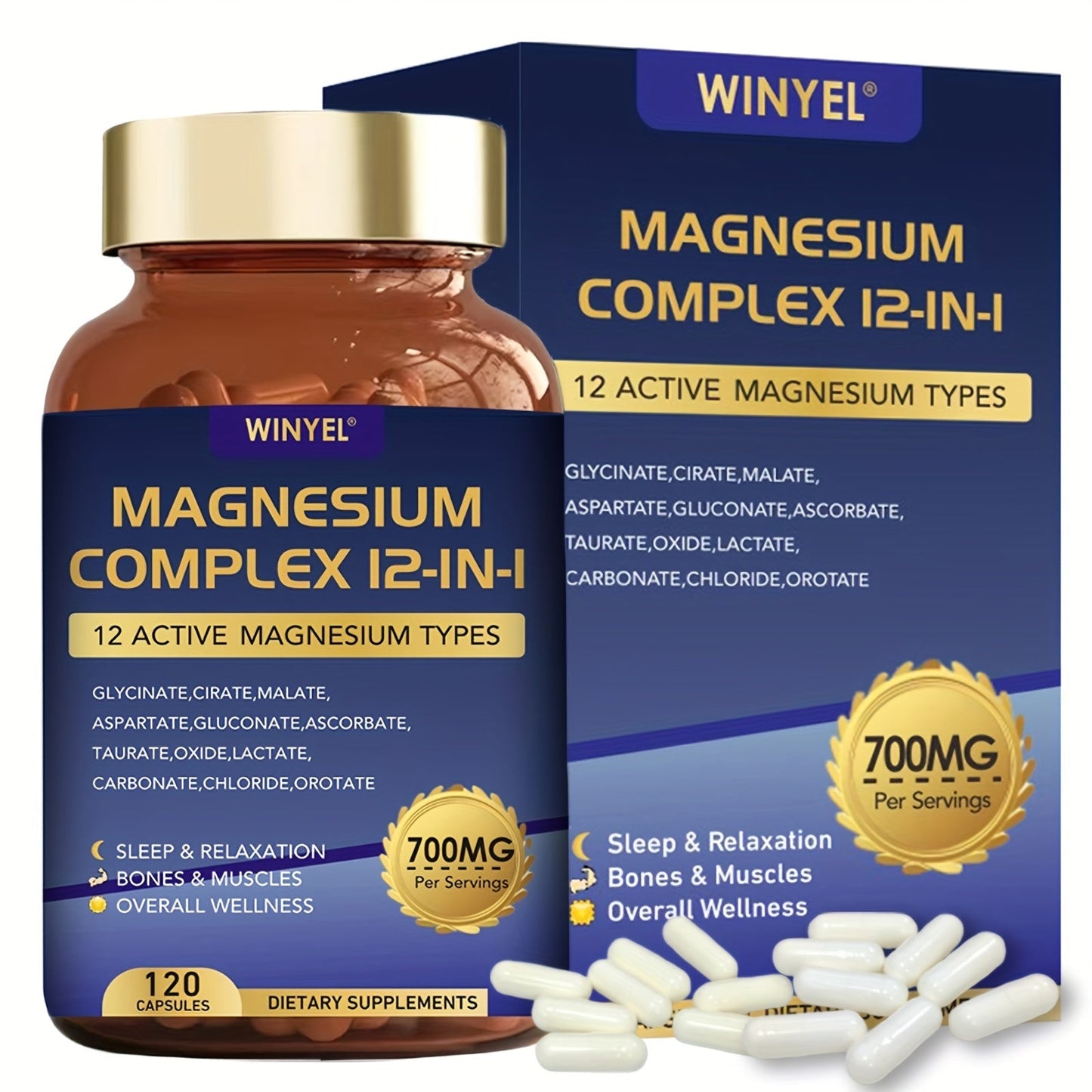 Magnesium Complex 700mg 12-in-1 120 Capsules with Glycinate, Citrate, Malate & Taurine for Sleep