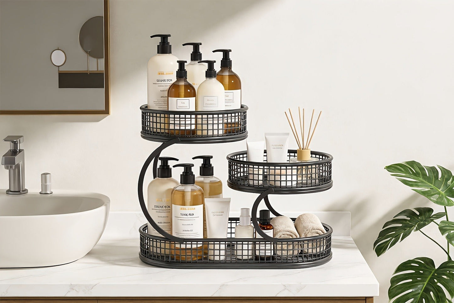 Three-Level Black Wire Fruit Basket with Two Round Bowls and 15.75-Inch Rectangular Base Tray