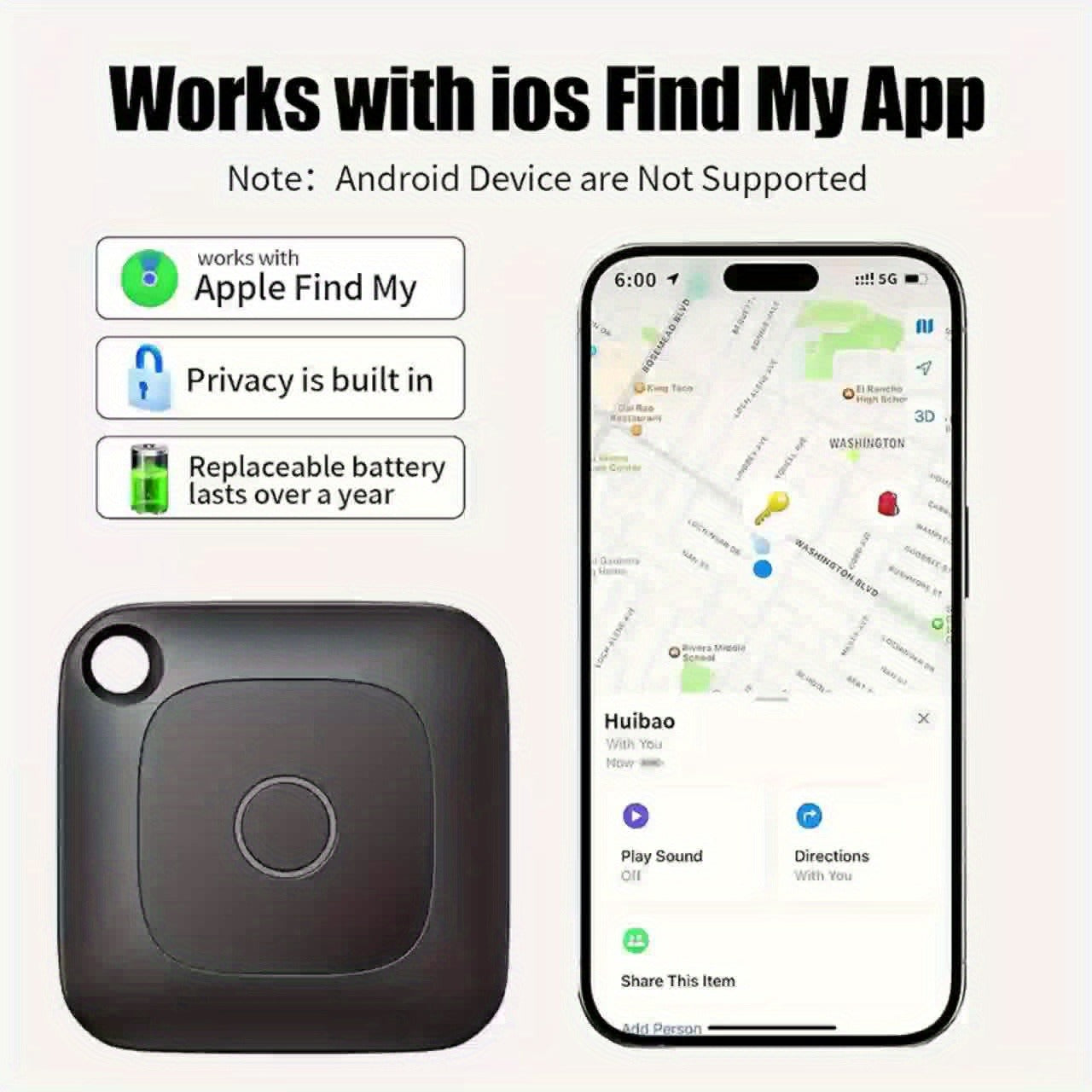 Round Bluetooth Item Finder in One-, Two- or Four-Pack Black Options with 1.43-Inch Case and Key Ring