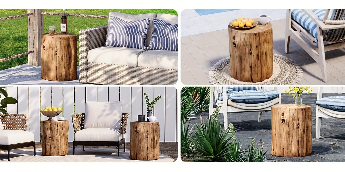 Outdoor Side Table Faux Wood Tree-Stump Design in Magnesia with Cylindrical Form and Brown Finish