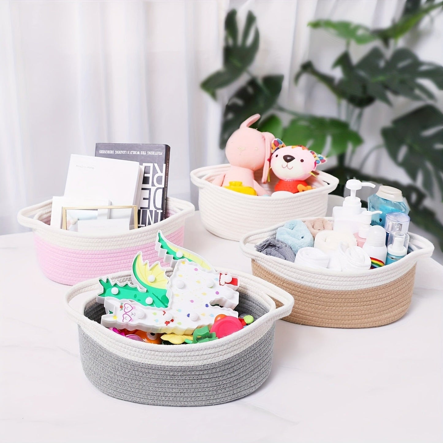 Cotton Rope Storage Baskets with Handles in 2- or 4-Pack Oval Color Options for Shelves and Rooms