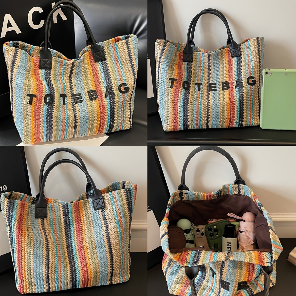 Straw Tote Bag for Women Large Capacity Bohemian Hand-Woven Striped Beach Bag Summer Vacation Shoulder Bag Colorful Letter Pattern