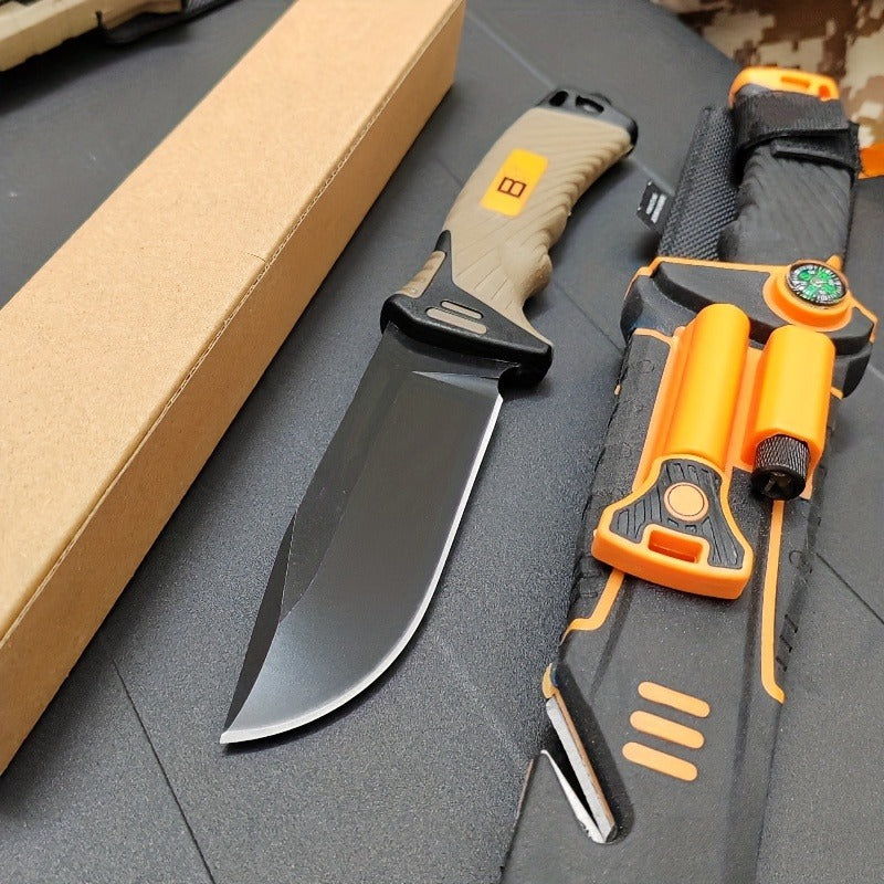 Fixed Blade Outdoor Camping Knife 9.64 Inch Stainless Steel, Survival Hunting Knife with Flint Fire Starter Night Light Sharpener Safety
