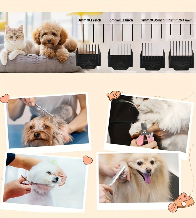 Pet Hair Clipper Cordless Adjustable Comb – Silent Low Noise Rechargeable Electric Dog Cat Grooming Scissors Set, Multiple Style Options