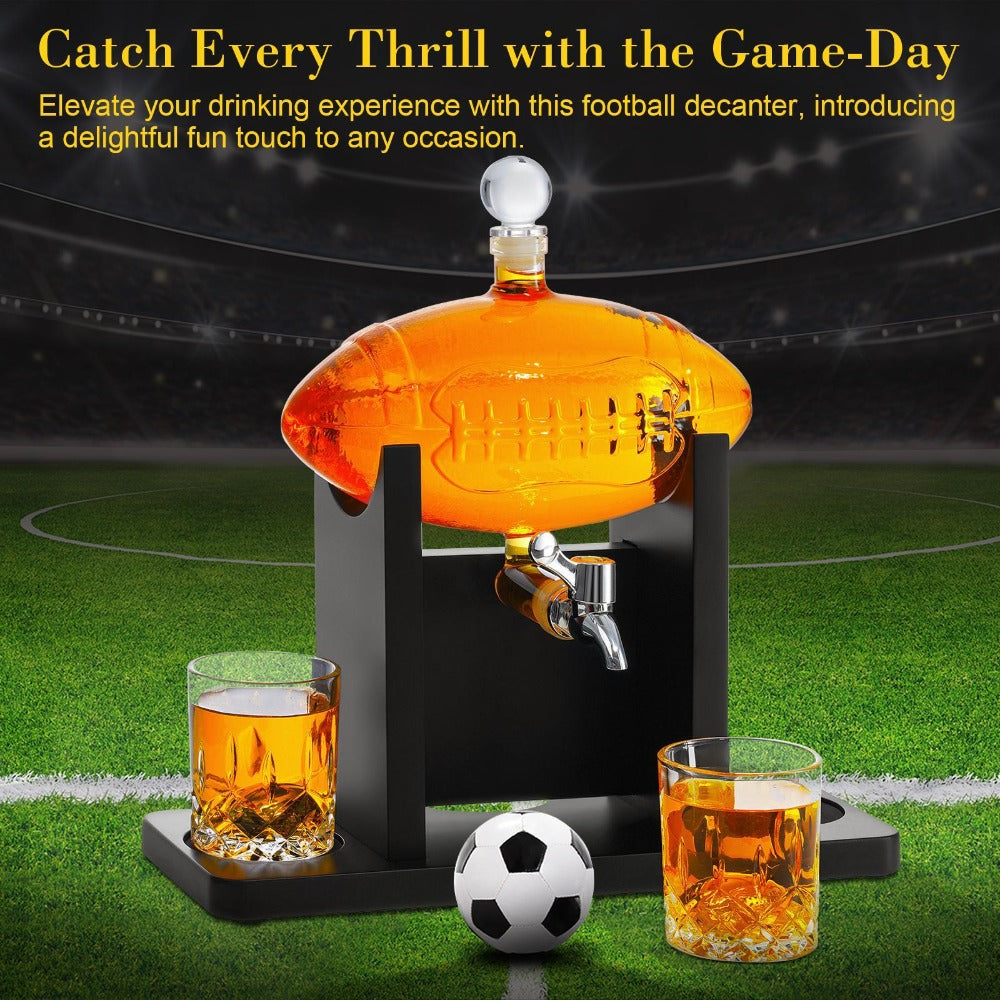 Football Whiskey Decanter Set with 47 oz Spouted Bottle, Two Glasses, Two Football Chillers and Black Display Stand