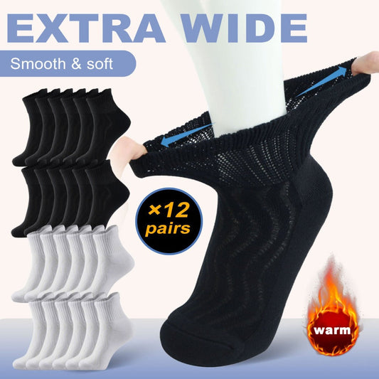12-Pair Extra-Wide Ankle Sock Set in Black or Black-and-White with US 9-11 and 10-13 Sizes