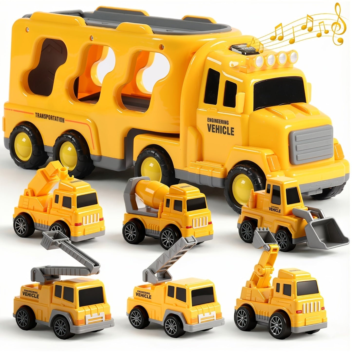 7-in-1 Kids Car Toy Set 7pcs with Playmat, Large Vehicle + 6 Mini Cars Ambulance Police Fire Truck Engineering
