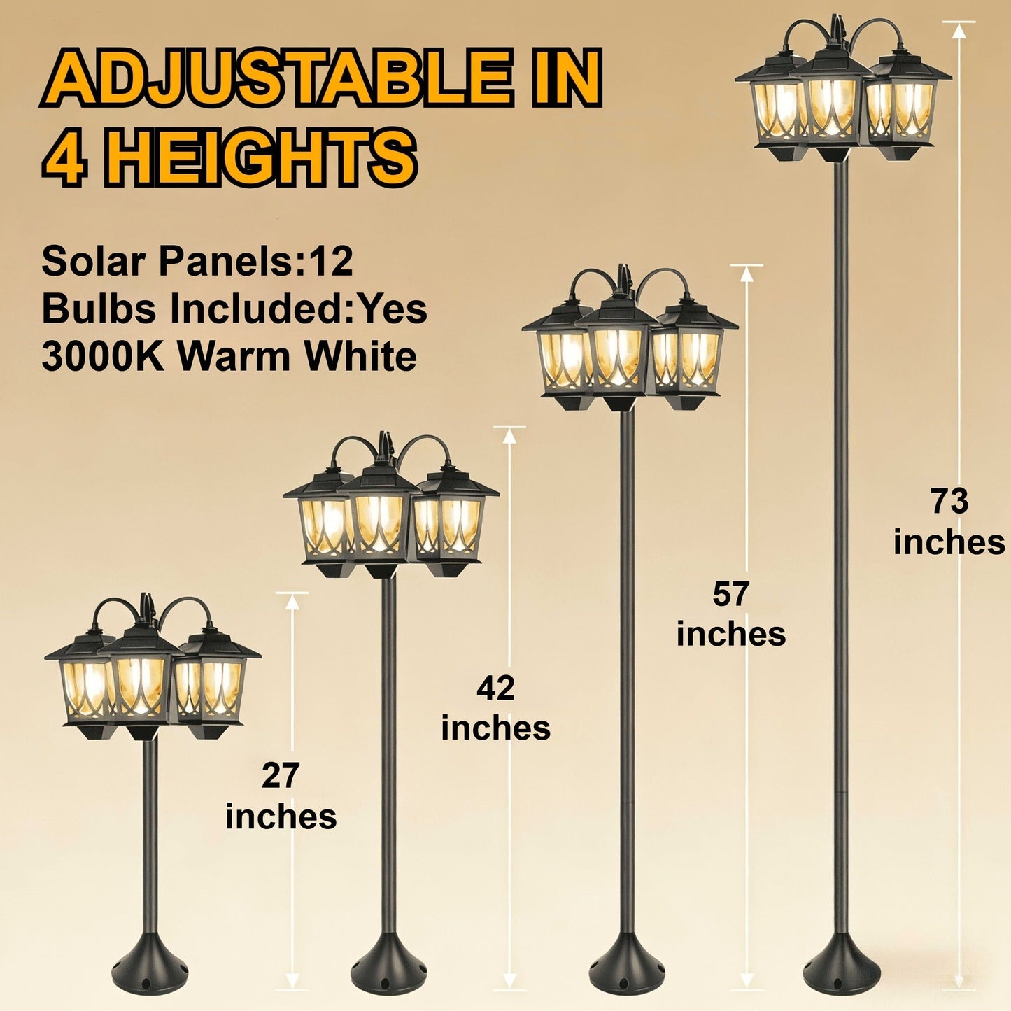 Three-Head Solar Lamp Post, Up to 73 Inches with Four Height Settings and 3000K Light Label