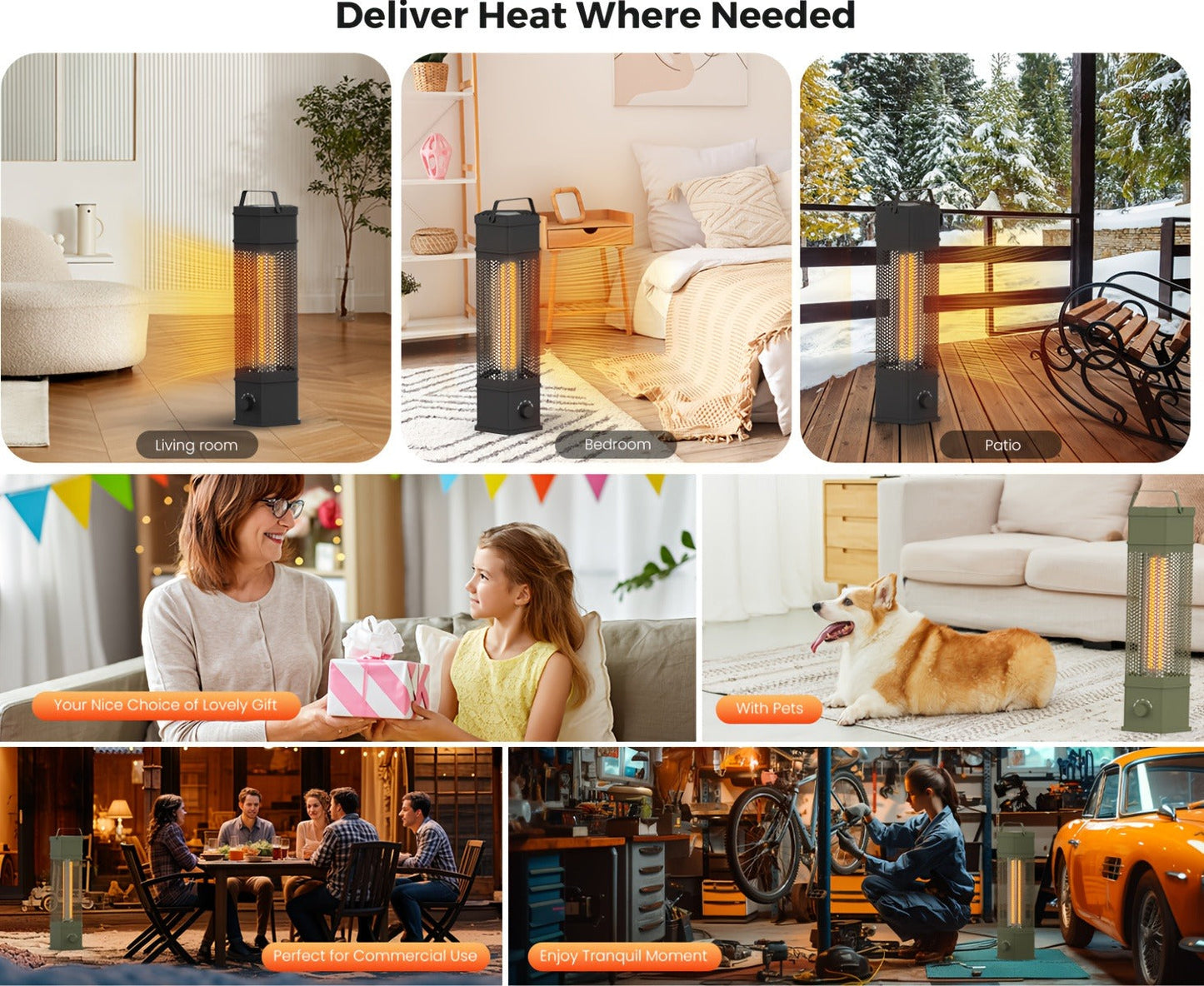 Electric Patio Heater 1400W 28", All-Around Radiant Heating with Tip-Over & Overheat Protection