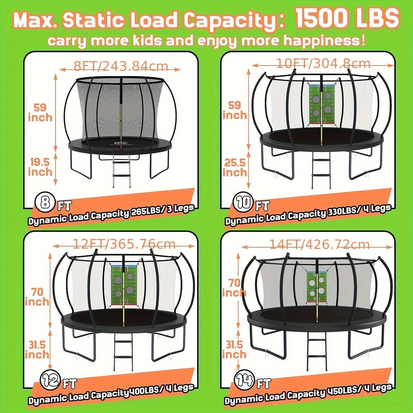 Outdoor Trampoline with Safety Enclosure Net Football Toss Game 8 10 12 14FT Round Backyard Trampoline for Kids Adults Indoor Outdoor Party
